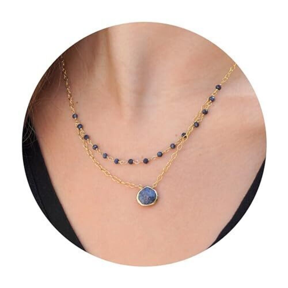7458 Blue Sapphire Layering Necklace , Premium Layered Gold Necklaces